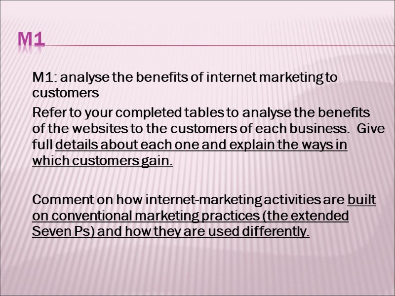 M1  M1: analyse the benefits of internet marketing to customers  Refer to